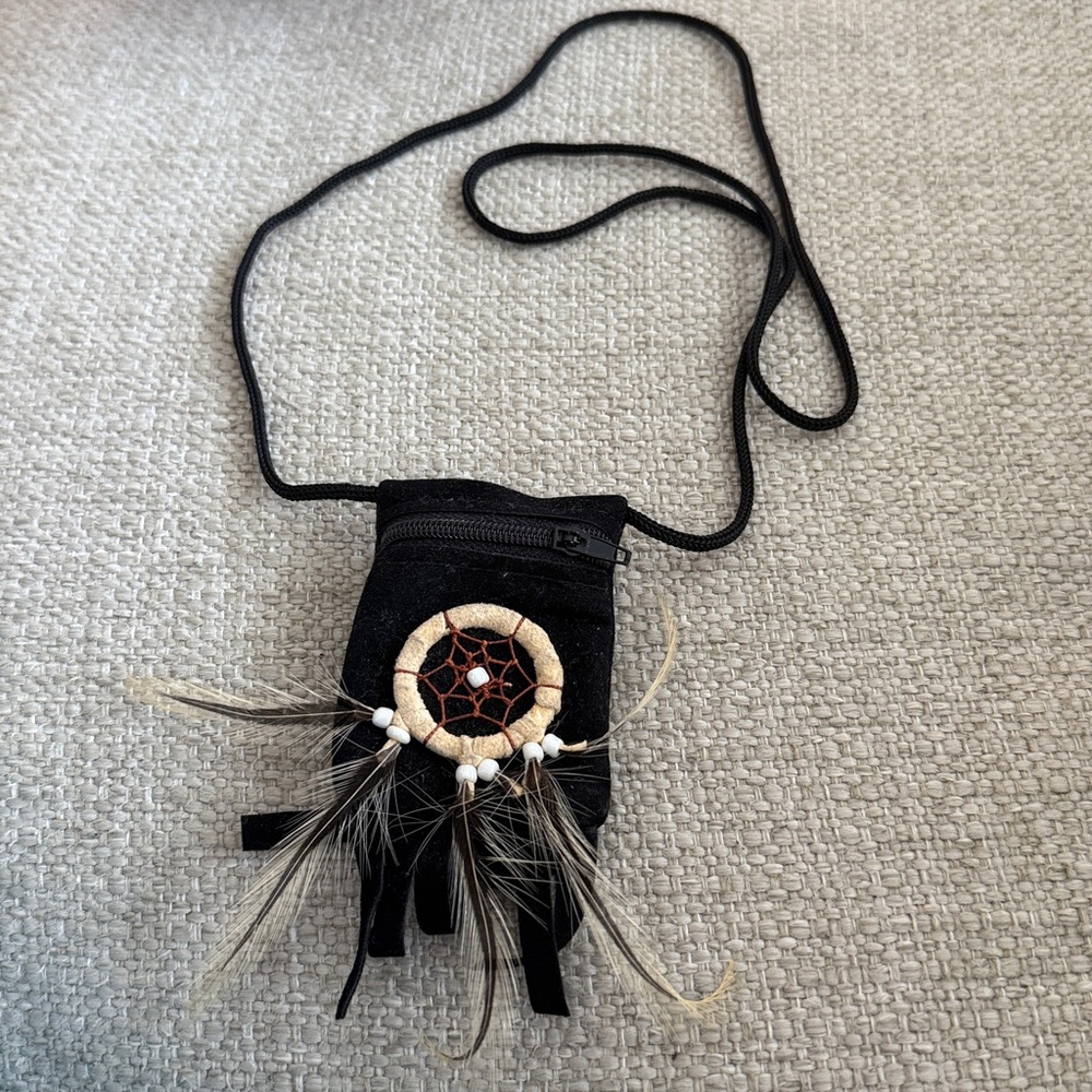 Mini Black Dream Catcher Medicine Pouch Necklace Zipper Crystal Bag Charm